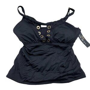 La Blanca Deluxe Tankini Top Women 34D Black Grommets‎ Padded Bra Swim 1pc